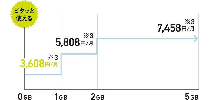 ピタッと使える 0GB 3,608円/月※3 1GB 5,808円/月※3 2GB~5GB 7,458円/月※3