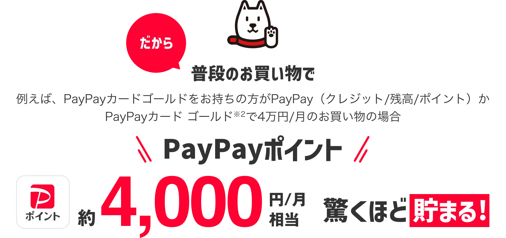 だから、普段のお買い物で、例えばPayPayカード ゴールドをお持ちの方がPayPay (クレジット/残高/ポイント)かPayPayカード ゴールド(※2)で4万円/月のお買い物の場合、PayPayポイントが約4,000円/月相当 驚くほど貯まる!