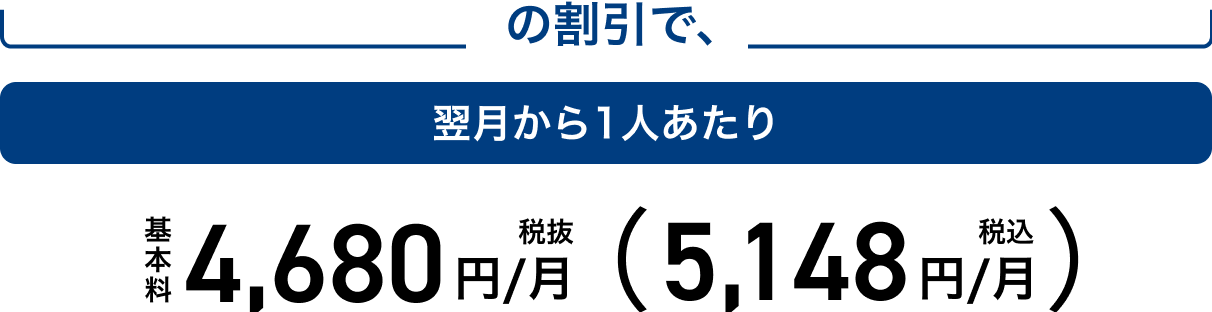 の割引で、翌月から1人あたり 基本料税抜4,680円/月（税込5,148円/月）