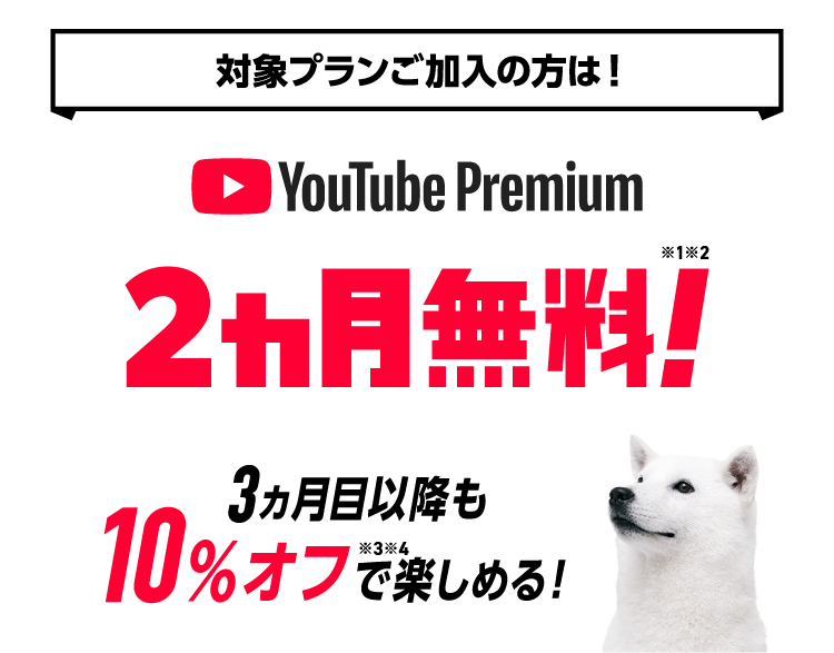 対象プランにご加入の方は! YouTube Premium 2ヵ月無料!※1,2 3ヵ月目以降も10%オフ※3,4で楽しめる!