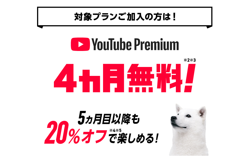 対象プランご加入の方は! YouTube Premium 4ヶ月無料!※2※3 5ヶ月目以降も20%オフ※4※5で楽しめる!