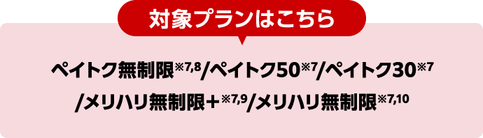 対象プランはこちら ペイトク無制限※7,8/ペイトク50※7/ペイトク30※7/メリハリ無制限+※7,9/メリハリ無制限※7,10