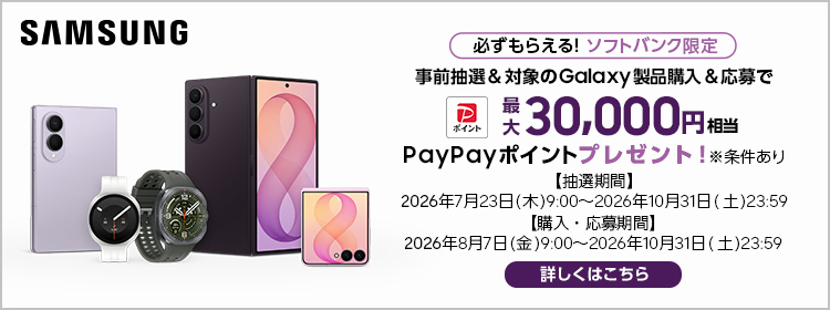SAMSUNG必ずもらえる！ソフトバンク限定 事前抽選＆対象のGalaxy製品購入＆応募で PayPayポイント 最大30000円相当PayPayポイントプレゼント！※条件あり【抽選期間】2026年7月23日（木） 9:00～2026年10月31日（土） 23:59【購入・応募期間】2026年8月7日（金） 9:00～2026年10月31日（土） 23:59 詳しくはこちら	