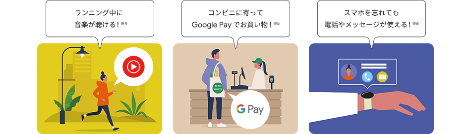 ランニング中に音楽が聴ける！※4 コンビニに寄ってGoogle Pay でお買い物！※5 スマホを忘れても電話やメッセージが使える！※6