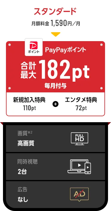 スタンダード 月額料金1,590円／月→PayPayポイント合計最大182pt毎月付与