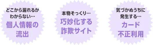 どこから漏れるかわからない...個人情報の流出 本物そっくり...巧妙化する詐欺サイト 気づかぬうちに発生する...カード不正利用