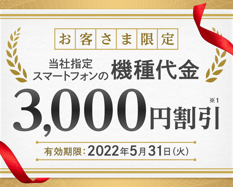 お客さま限定 当社指定スマートフォンの機種代金 3,000円割引※1 有効期限：2022年5月31日（火）