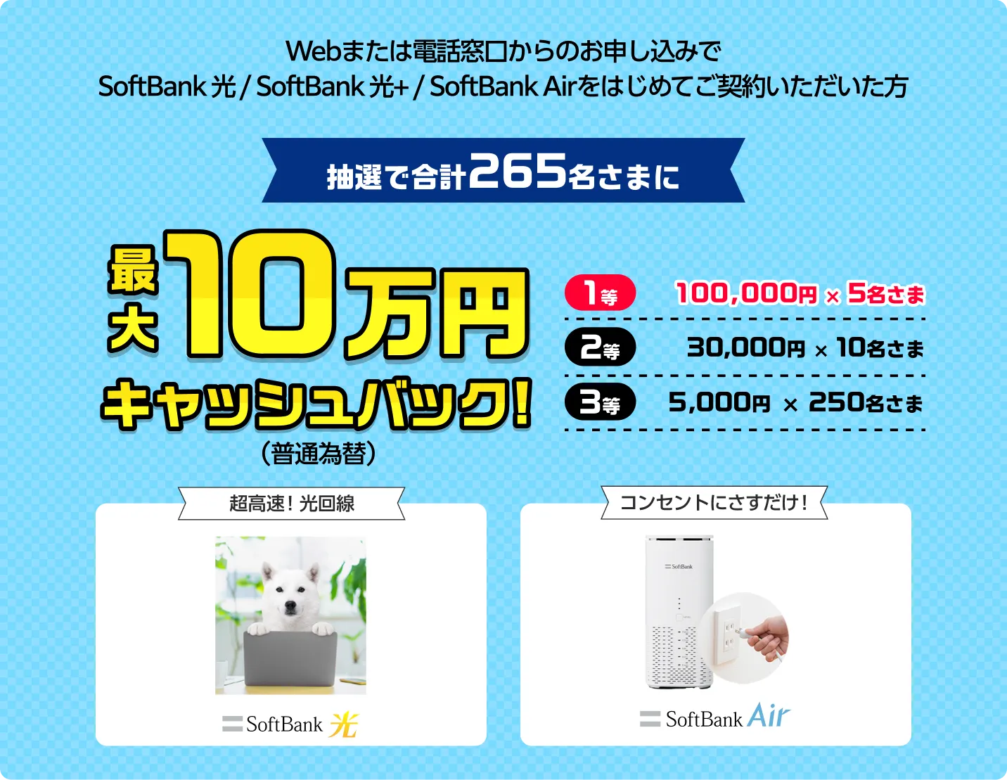 Webまたは電話窓口からのお申し込みでSoftBank光/SoftBank光＋/SoftBank Airをはじめてご契約いただいた方 抽選で合計265名さまに 最大10万円キャッシュバック！（普通為替）