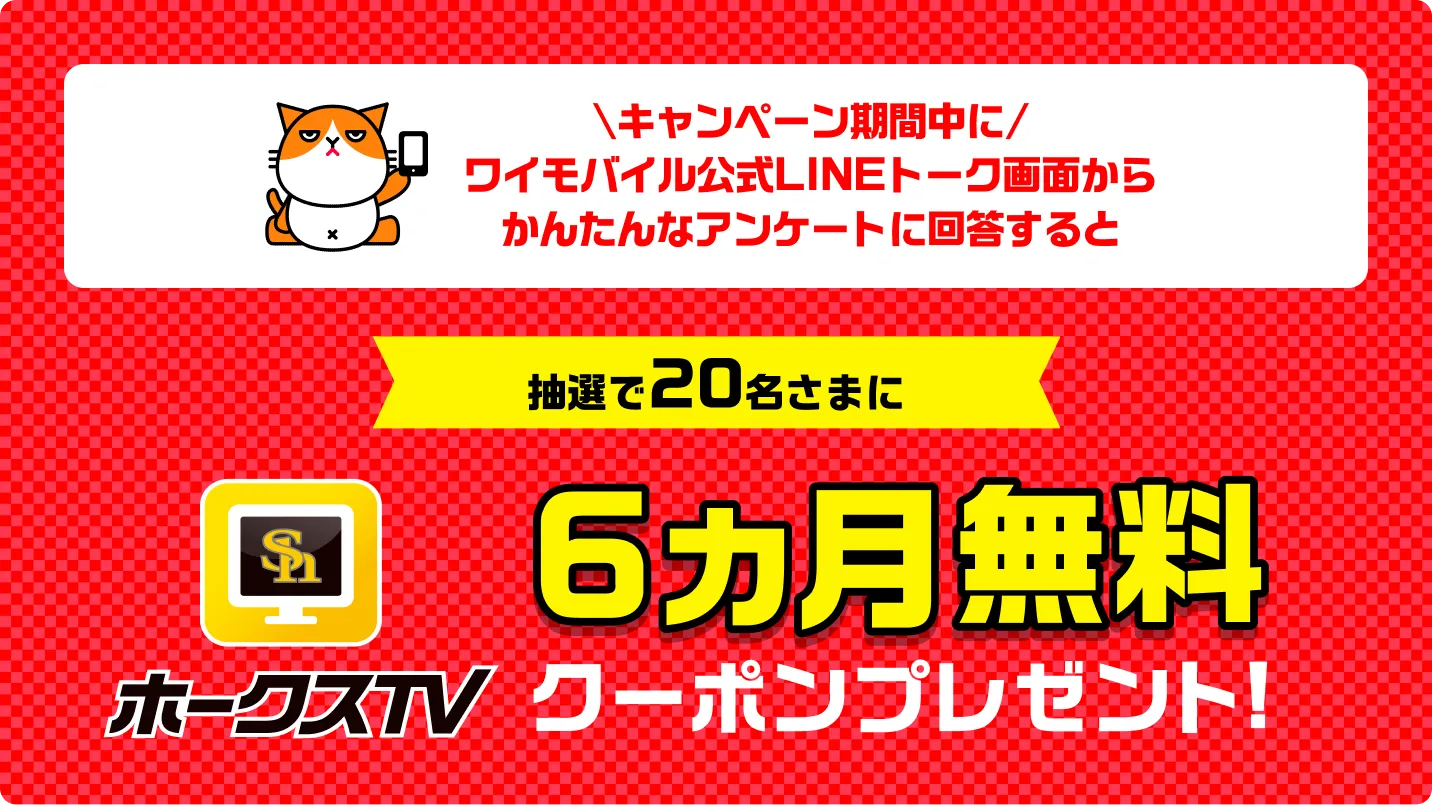 キャンペーン期間中にワイモバイル公式LINEトーク画面からかんたんなアンケートに回答すると　抽選で20名さまにホークスTV6カ月無料クーポンプレゼント
