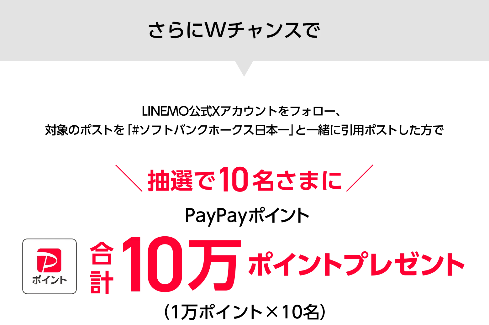 さらにWチャンスで LINEMO公式Xアカウントをフォロー、対象のポストを「#ソフトバンクホークス日本一」と一緒に引用ポストした方で 抽選で10名さまに合計10万ポイントプレゼント! 1万ポイントx10名
