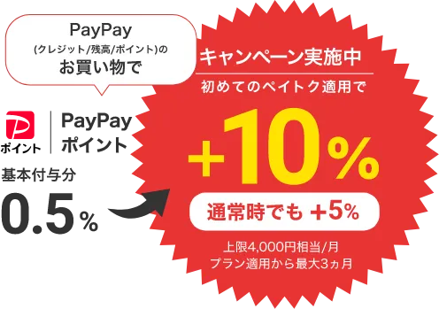 キャンペーン実施中 初めてのペイトク適用で+10% 通常時でも+5% 上限4,000円相当/月 プラン適用から最大3ヶ月