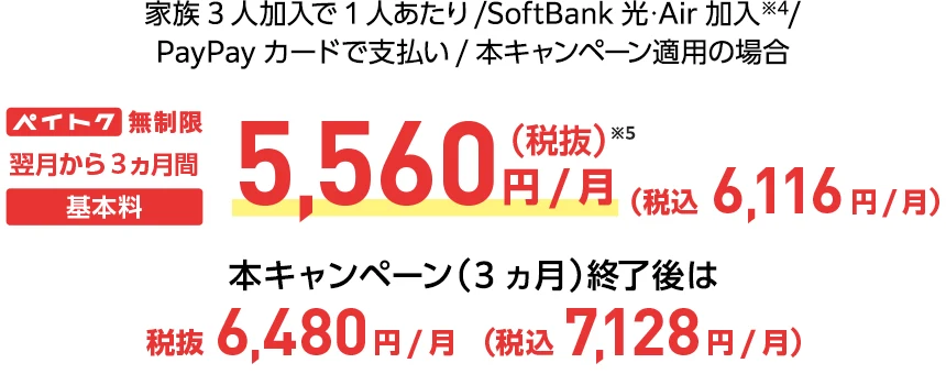 家族3人加入で1人あたり/SoftBank 光・Air 加入※4/PayPayカードで支払い/本キャンペーン適用の場合 ペイトク無制限 翌月から3ヵ月間基本料5,560円/月(税抜)※5(税込4,378円/月) 本キャンペーン終了後は税抜6,166円/月(税込7,128円/月)
