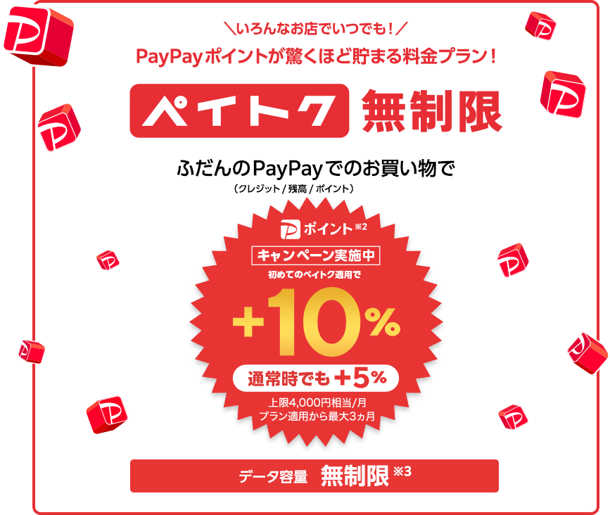 ＼いろんなお店でいつでも！／PayPayポイントが驚くほど貯まる料金プラン！ ペイトク無制限 ふだんのPayPay（クレジット／残高／ポイント）※2でのお買い物で[キャンペーン実施中!] 初めてのペイトク適用で +10% 通常時でも +5% 上限4,000円相当/月 プラン適用から最大3ヵ月 データ容量 無制限※3