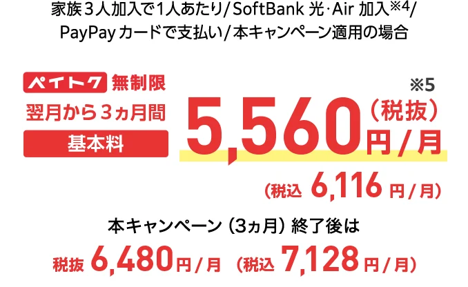 家族3人加入で1人あたり/SoftBank 光・Air 加入※4/PayPayカードで支払い/本キャンペーン適用の場合 ペイトク無制限 翌月から3ヵ月間基本料5,560円/月(税抜)※5(税込4,378円/月) 本キャンペーン終了後は税抜6,166円/月(税込7,128円/月)