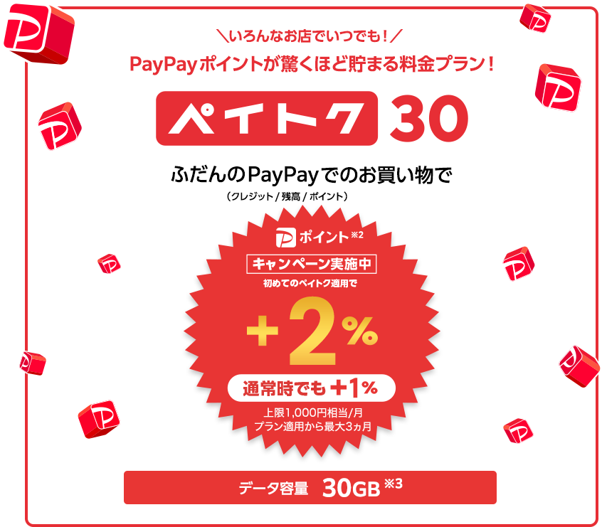 ＼いろんなお店でいつでも！／PayPayポイントが驚くほど貯まる料金プラン！ ペイトク30 ふだんのPayPay（クレジット／残高／ポイント）※2でのお買い物で[キャンペーン実施中!] 初めてのペイトク適用で +2% 通常時でも +1% 上限1,000円相当/月 プラン適用から最大3ヵ月 データ容量 30GB※3
