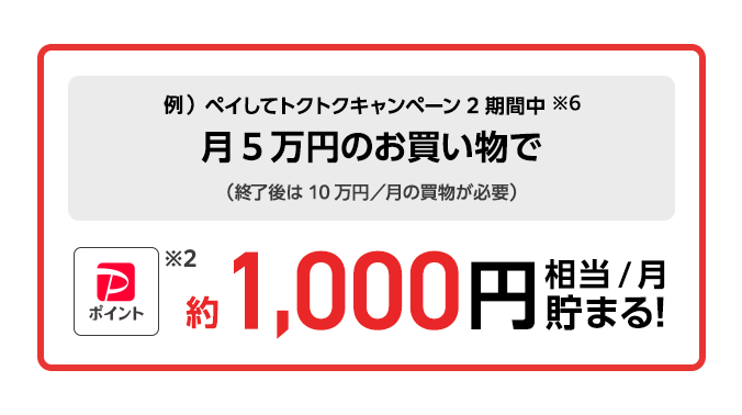 キャンペーン期間中は!月3万4千円のお買い物でPayPayポイント※2約1,000円相当/月貯まる!