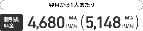 翌月から1人あたり割引後料金税抜4,680円/月 （税込5,148円/月）
