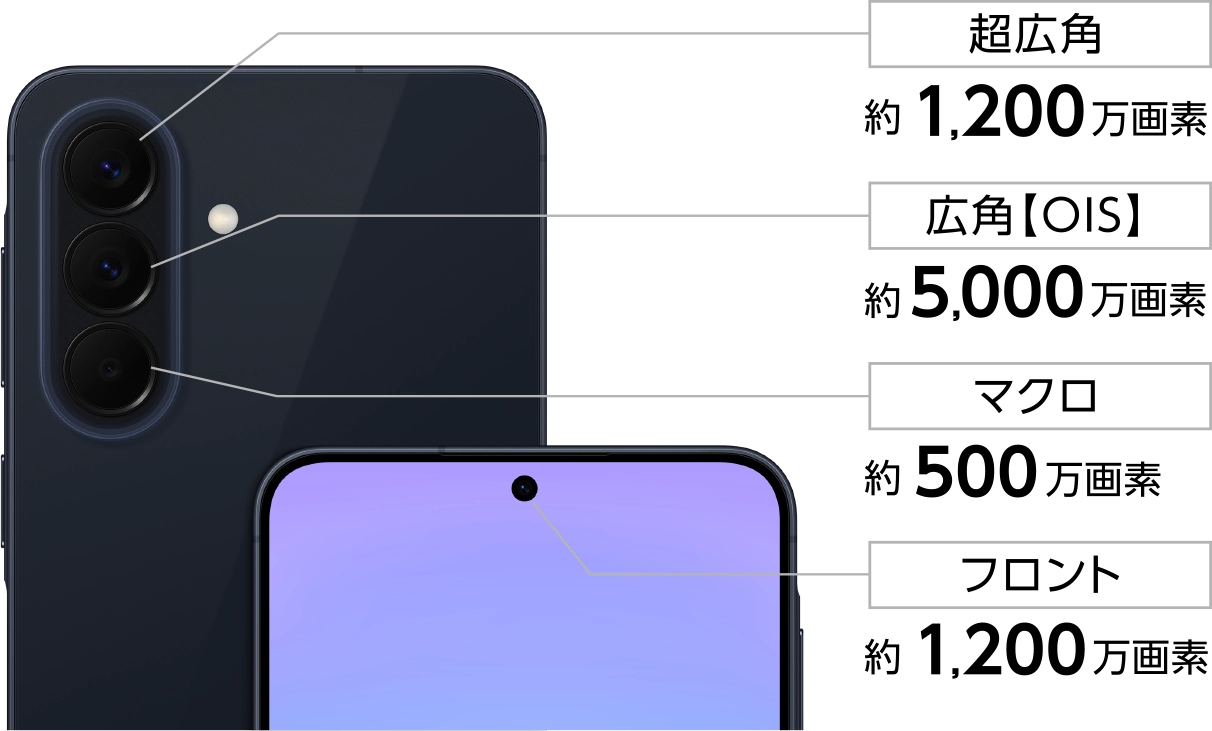 超広角 約1,200万画素 広角【OIS】 約5,000万画素 マクロ 約500万画素 フロント 約1,200万画素