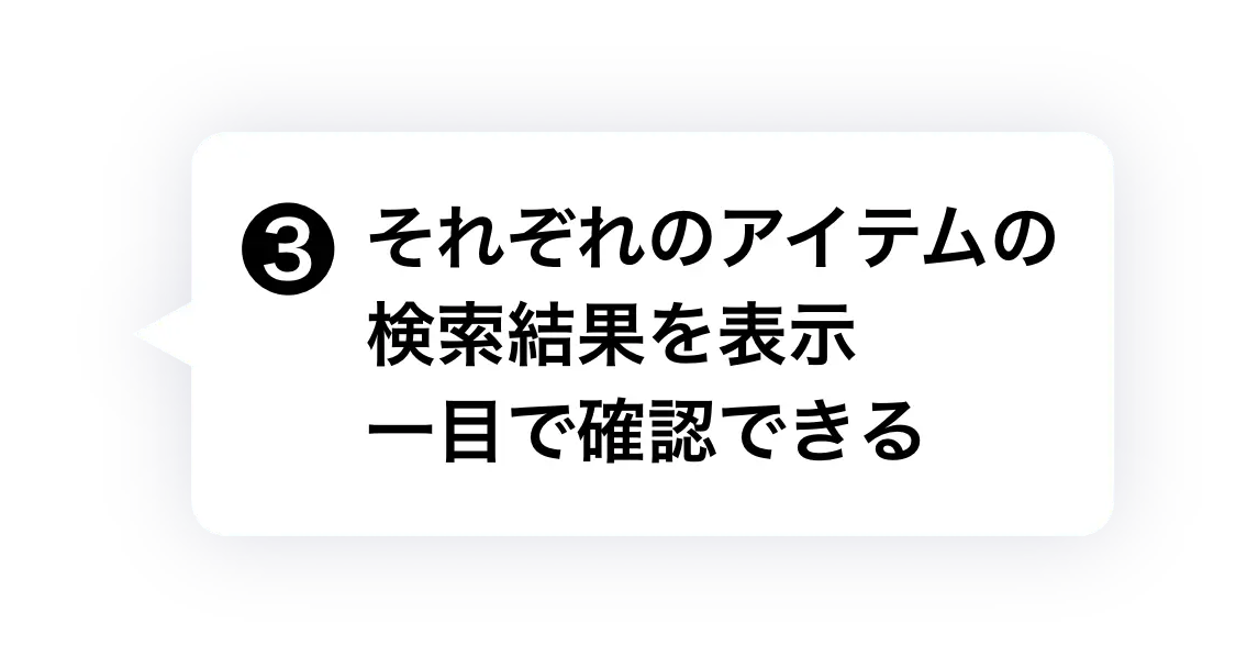 ③ それぞれのアイテムの検索結果を表示一目で確認できる