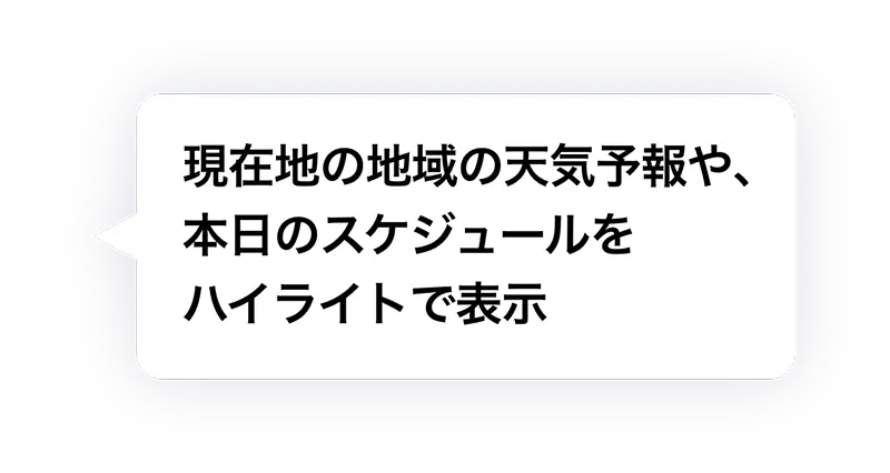 現在地の地域の天気予報や、本日のスケジュールをハイライトで表示
