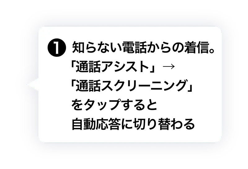 ① 知らない電話からの着信。「通話アシスト」→「通話スクリーニング」をタップすると⾃動応答に切り替わる