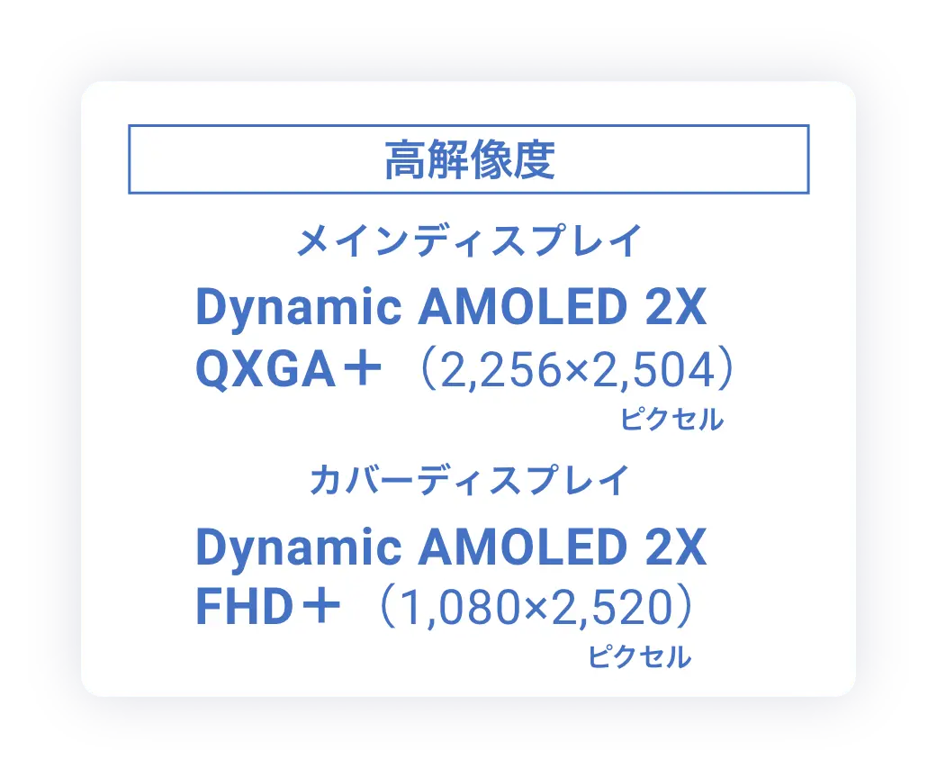 高解像度 メインディスプレイDynamic AMOLED 2XQXGA+(2,256×2,504)ピクセル/カバーディスプレイ Dynamic AMOLED 2XFHD+(1,080×2,520)ピクセル