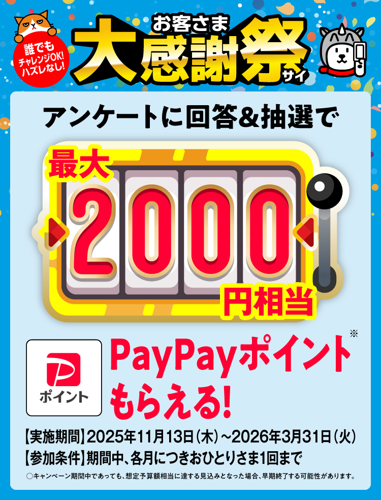 お客さま大感謝祭。アンケート回答で最大2000円相当のPayPayポイントがもらえるキャンペーン告知バナー