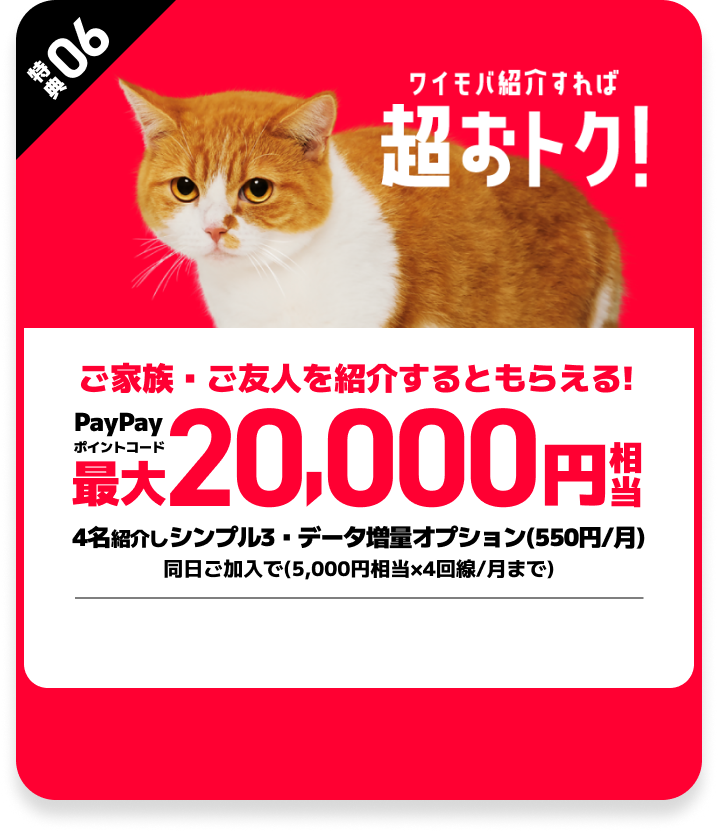 ワイモバ紹介すれば超おトク! ご家族・ご友人を紹介するともらえる! PayPayポイントコード最大20,000円相当