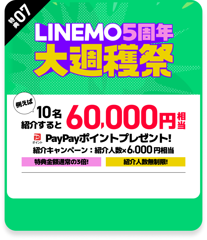 LINEMO 5周年大週獲祭 例えば10名紹介すると60,000円相当PayPayポイントプレゼント!