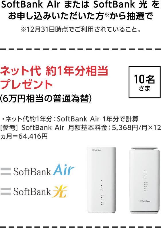 SoftBank AirまたはSoftBank 光をお申し込みいただいた方※から抽選で ※12月31日時点でご利用されていること。ネット代 約1年分相当プレゼント 10名さま（6万円相当の普通為替）・ネット代約1年分：SoftBank Air 1年分で計算[参考] SoftBank Air 月額基本料金：5,368円/月×12ヵ月＝64,416円