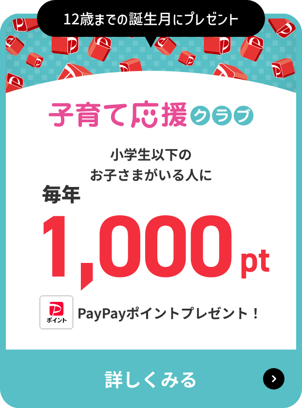 12歳までの誕生月にプレゼント 子育て応援クラブ 小学生以下のお子さまがいる人に 毎年1,000pt PayPayポイントプレゼント！ 詳しくみる