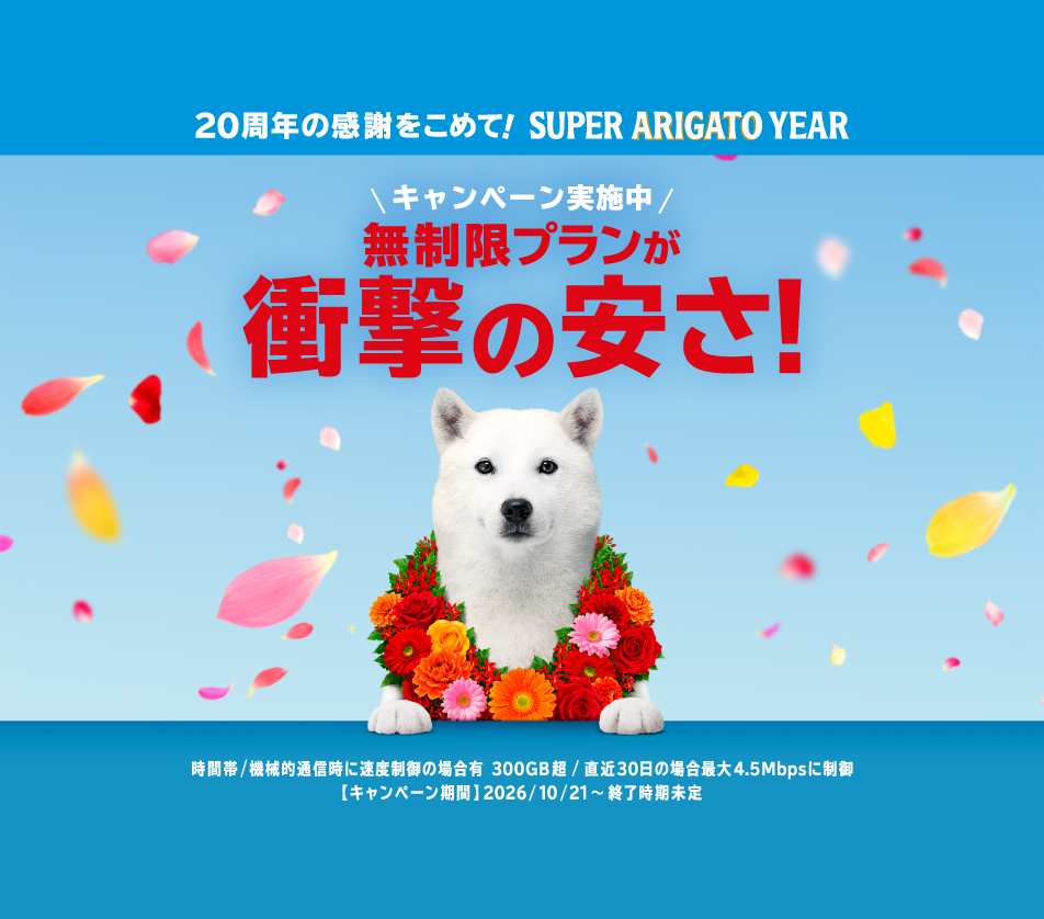 20周年の感謝をこめて！ SUPER ARIGATO YEAR キャンペーン実施中 無制限プランが衝撃の安さ！ 時間帯/機械的通信時に速度制御の場合有 300GB超/直近30日の場合最大4.5Mbpsに制御 【キャンペーン期間】2026/10/21～終了時期未定