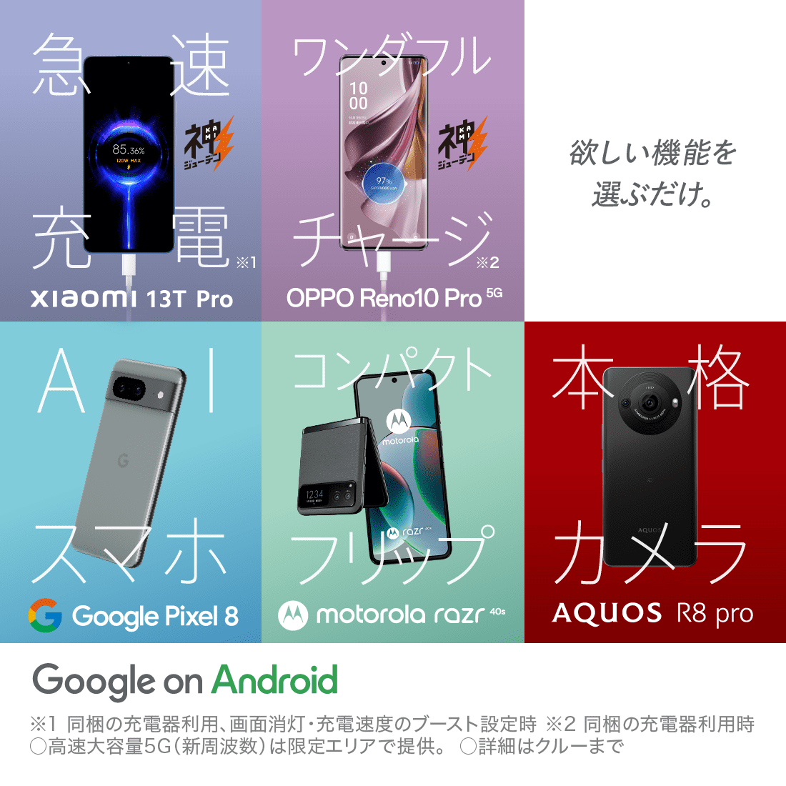 急速充電 Xiaomi 13T Pro ワンダフルチャージ OPPO Reno10 Pro 5G 欲しい機能を選ぶだけ。 AIスマホ Google Pixel 8 コンパクトフリップ motorola razr 40s 本格カメラ AQUOS R8 pro Google on Android