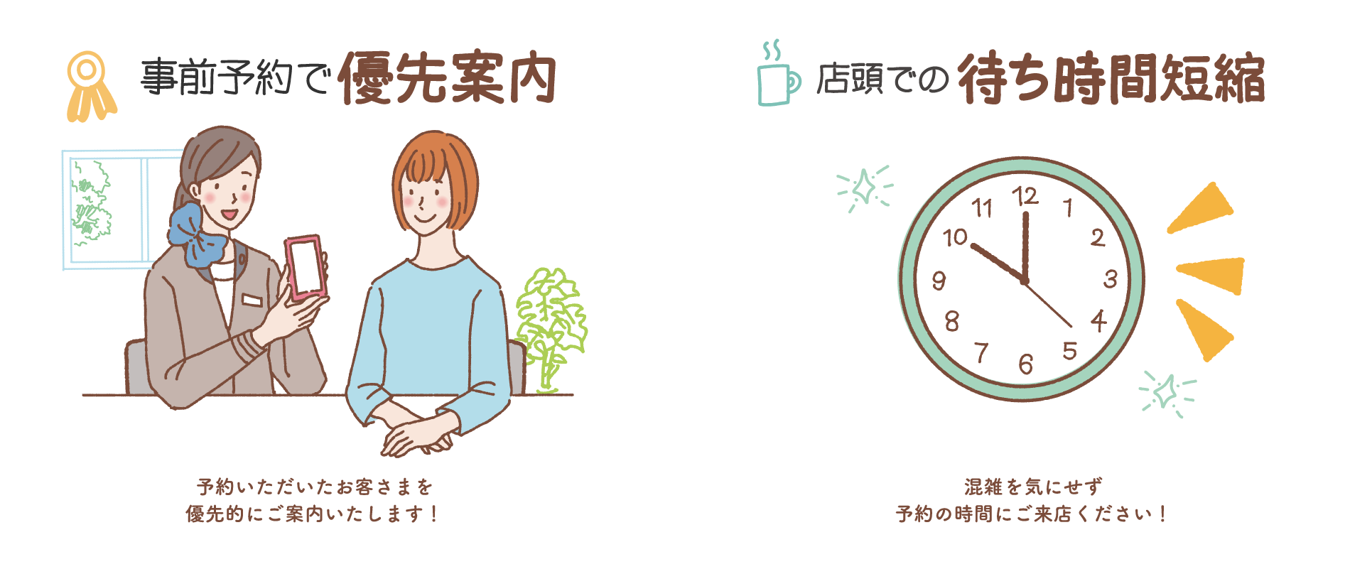 事前予約で優先案内(店頭での待ち時間短縮(混雑を気にせず予約の時間にご来店ください!)店頭での待ち時間短縮(混雑を気にせず予約の時間にご来店ください!)